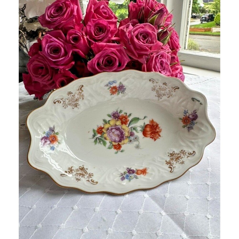 Schumann Bavaria Serving Bowl Gilt Dresden Floral Oval Scalloped Porcelain